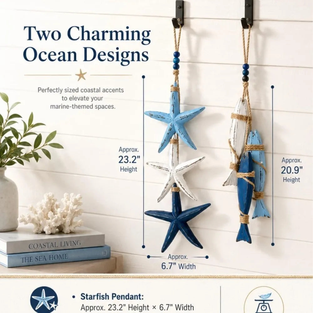 Coastal Wooden Fish and Starfish LED Hanging Ornament