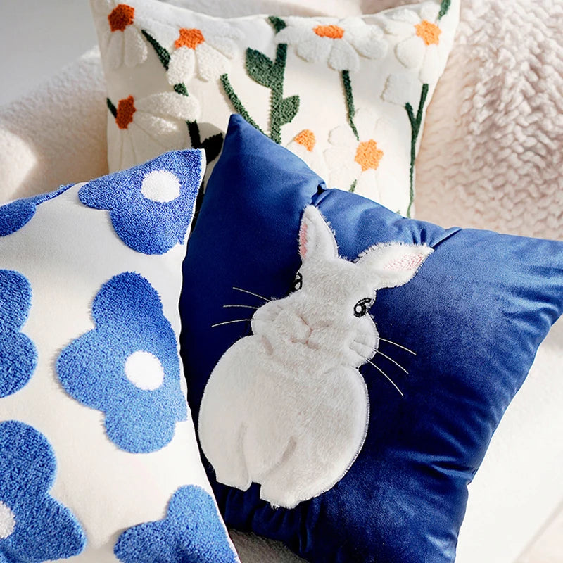 Cartoon Rabbit Floral Cushion Cover