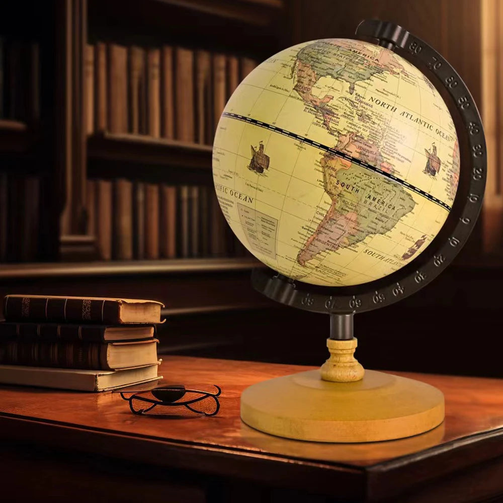 Vintage Wooden World Globe with Metal Stand