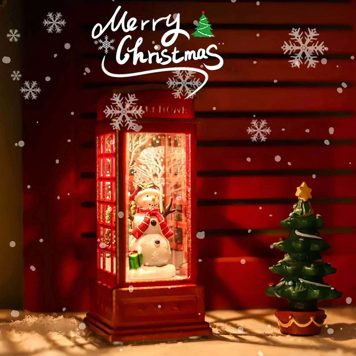 Lighted Christmas Phone Booth Tabletop Decoration