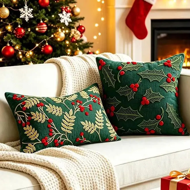 Christmas Embroidered Cushion Cover – Holiday Decorative Pillow Case