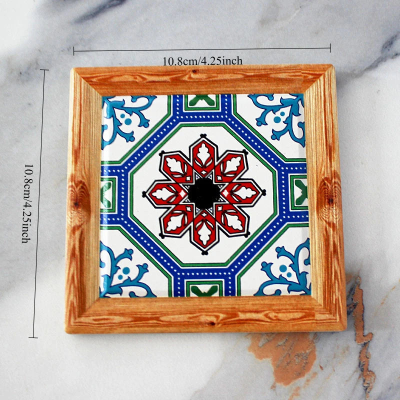 Bohemian Hand-Painted Floral Tile Ceramic Coaster with Cork Base | Table Decor