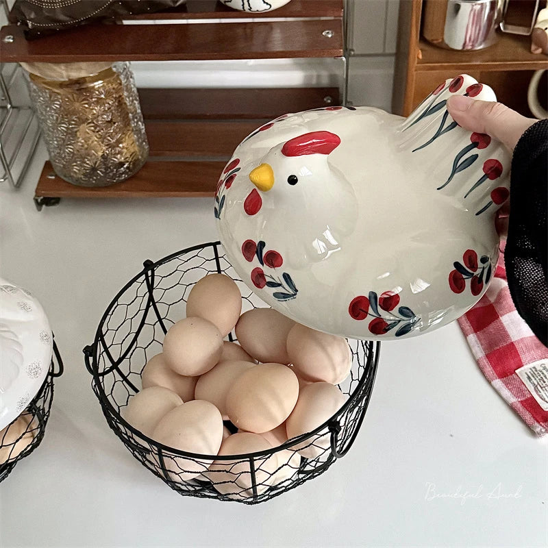 Chicken-Shaped Ceramic and Iron Egg Basket