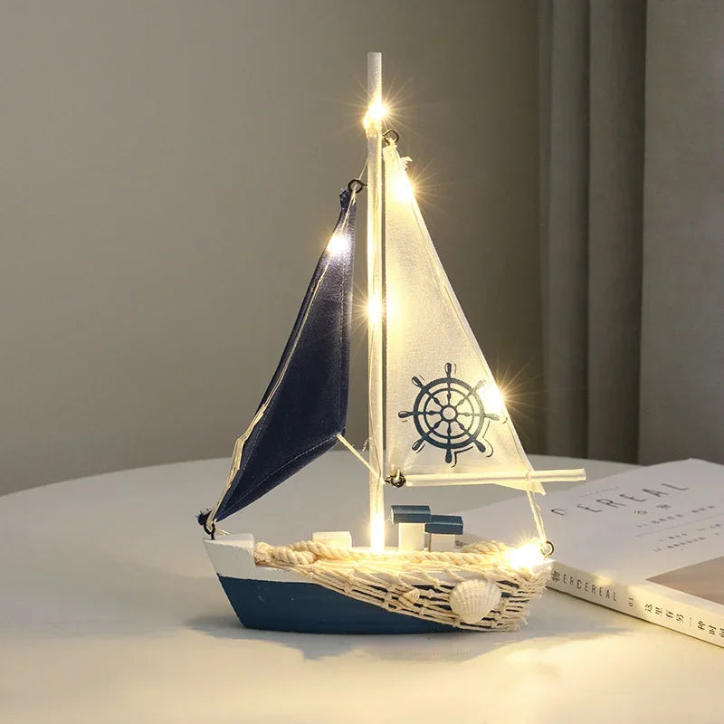 Mediterranean Wooden Sailboat Decor with LED Lights
