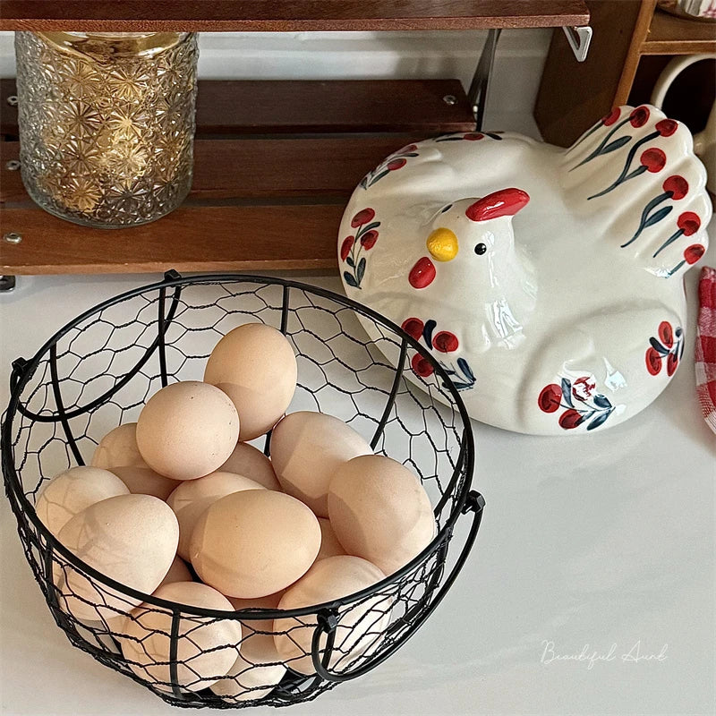 Chicken-Shaped Ceramic and Iron Egg Basket