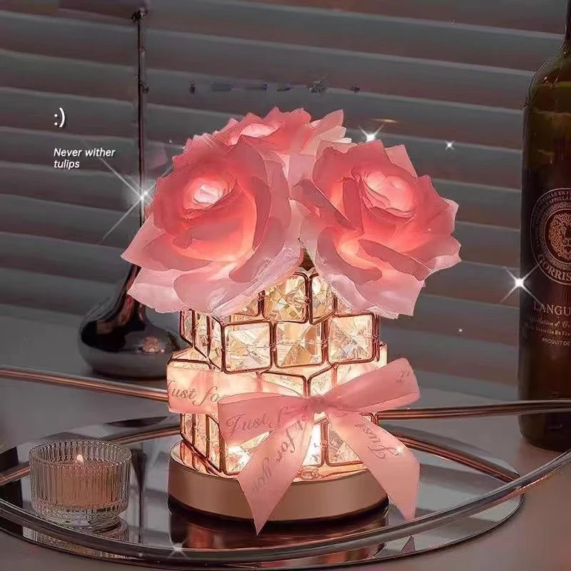 Romantic Rose Crystal Cube Table Lamp