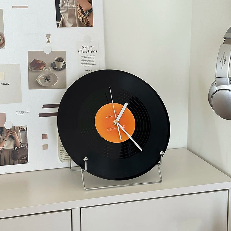 Retro Vinyl Record Dual-Use Desk & Wall Clock — Sunset Label PVC Analogue Clock