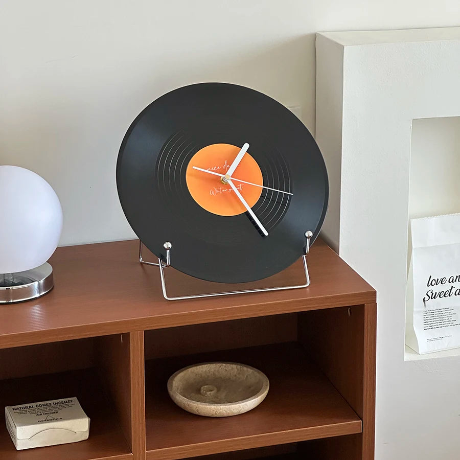 Retro Vinyl Record Dual-Use Desk & Wall Clock — Sunset Label PVC Analogue Clock