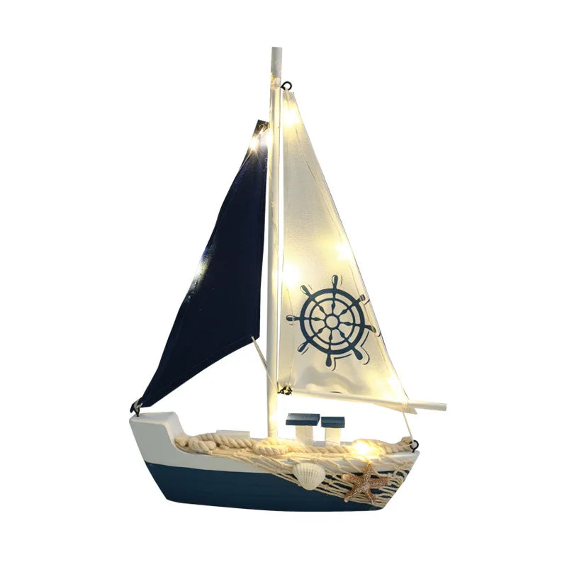 Mediterranean Wooden Sailboat Decor with LED Lights