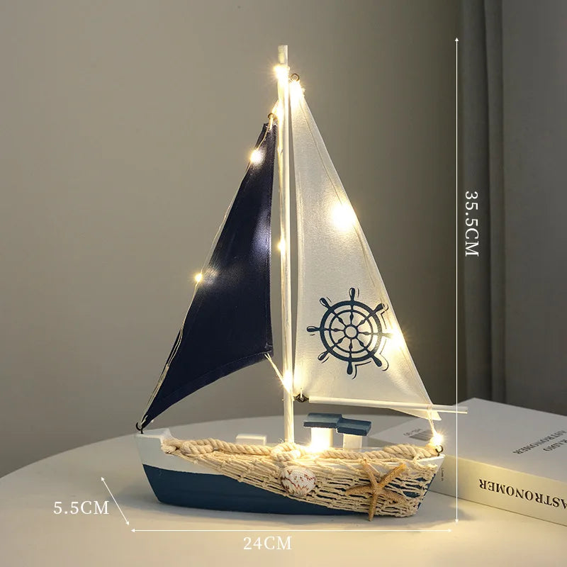 Mediterranean Wooden Sailboat Decor with LED Lights