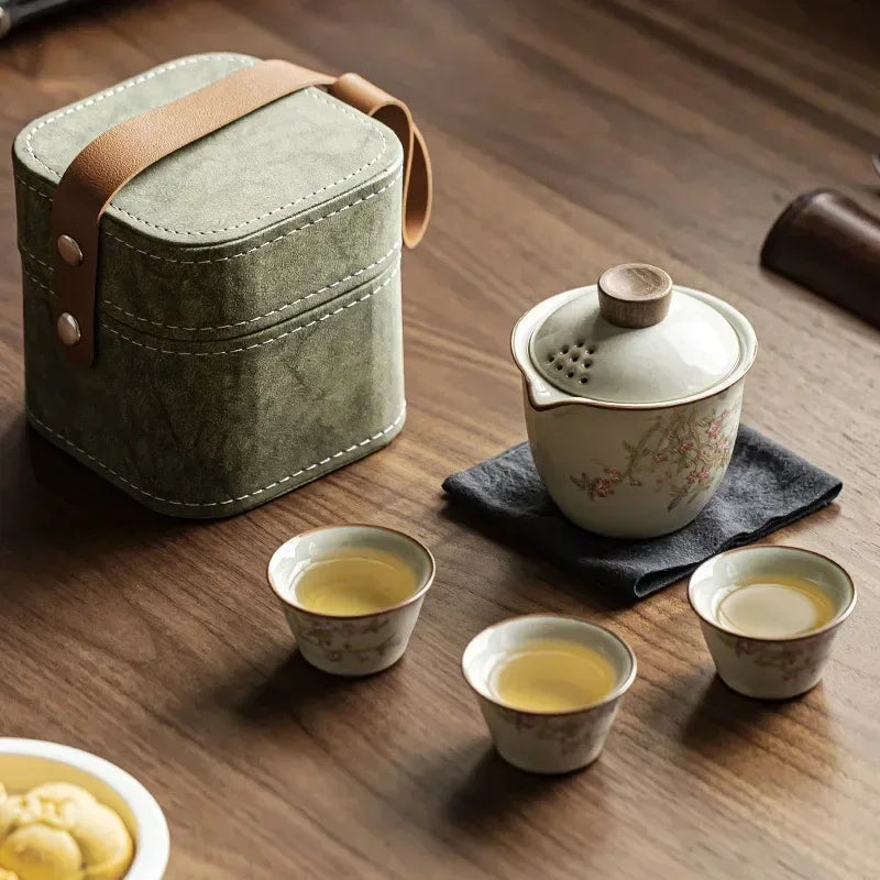 Peach Blossom Ceramic Travel Tea Set with Case