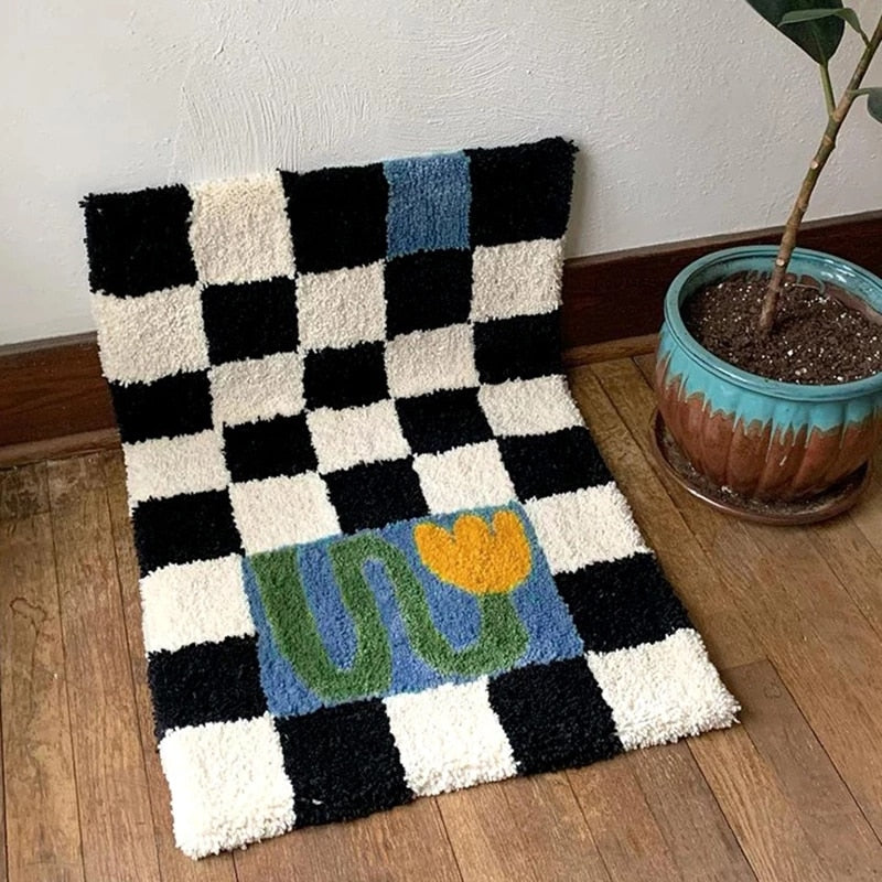 Fluffy Abstract Checkered Rug
